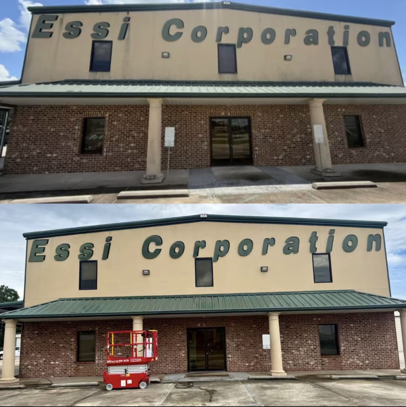 Before and After Commercial Building Washing at Essi Corporation. (Broussard, LA)