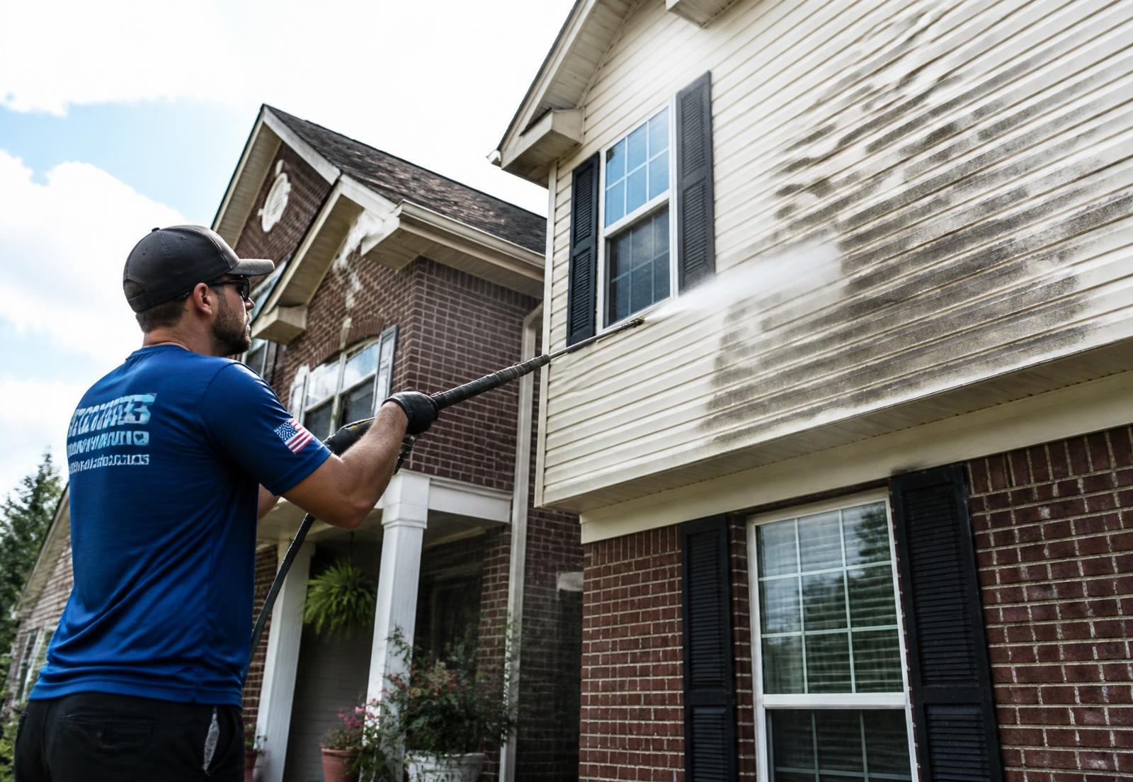 Technician pressure washing the siding of a Lafayette home